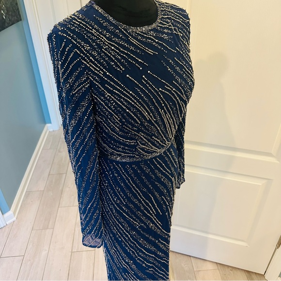 Mac Duggal 5240 Beaded Column Gown Size 4 Midnight Blue Long Sleeves $598 NWT - Picture 7 of 14